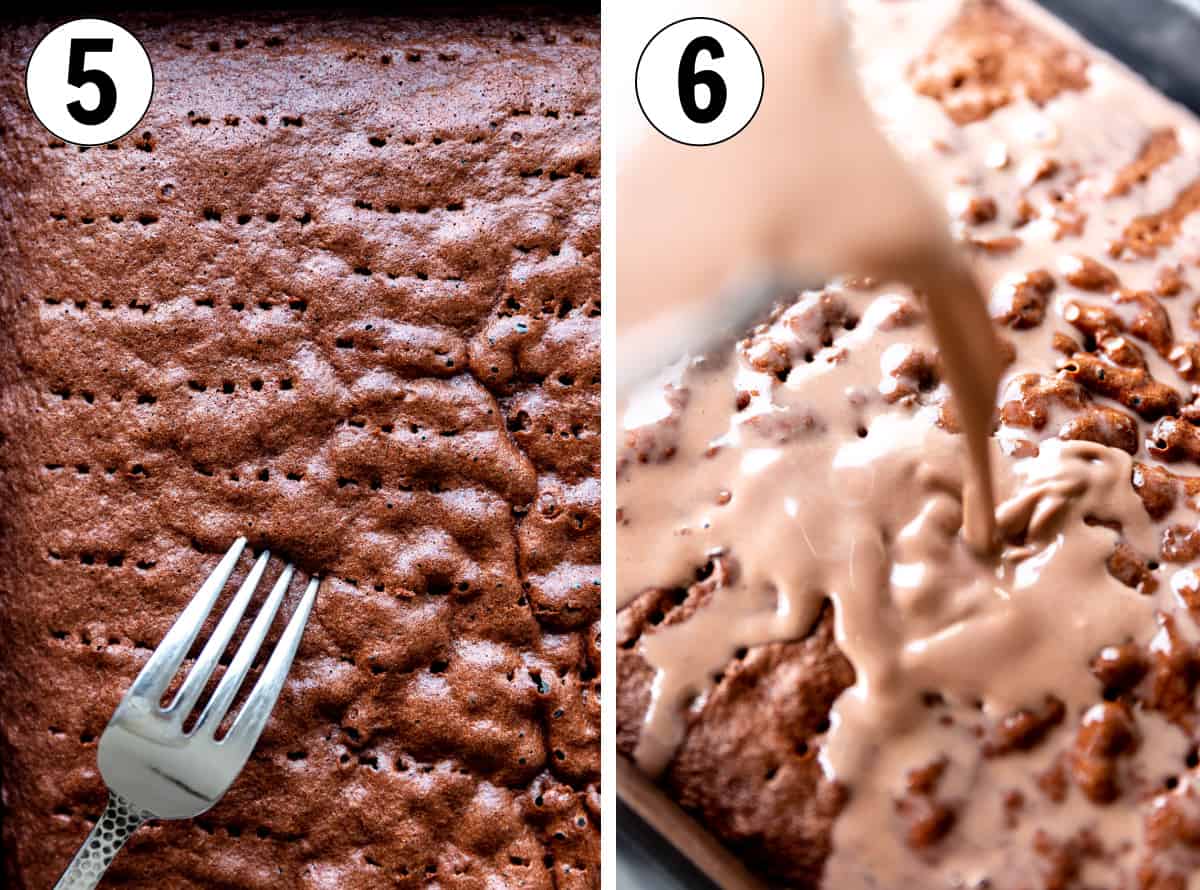 Chocolate sponge cake with holes poked from a fork, then chocolate milk being poured over top.