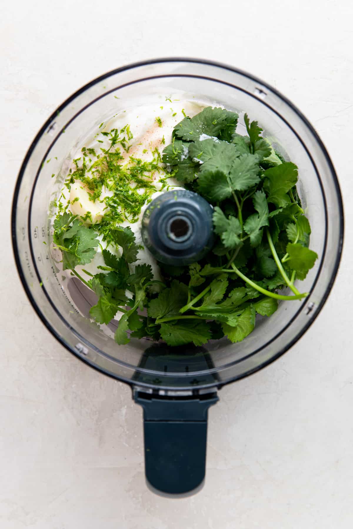 Ingredients needed to make cilantro Lime Crema in a food processor before being blended.