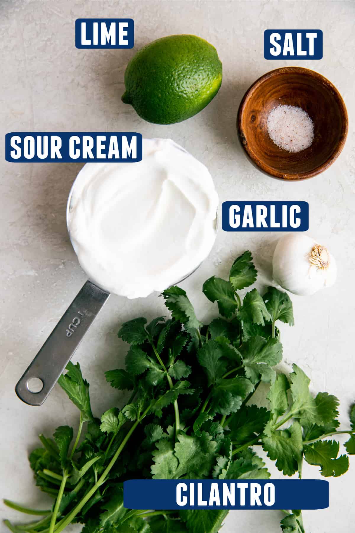 Ingredients needed for cilantro Lime Crema laid out on the counter. 