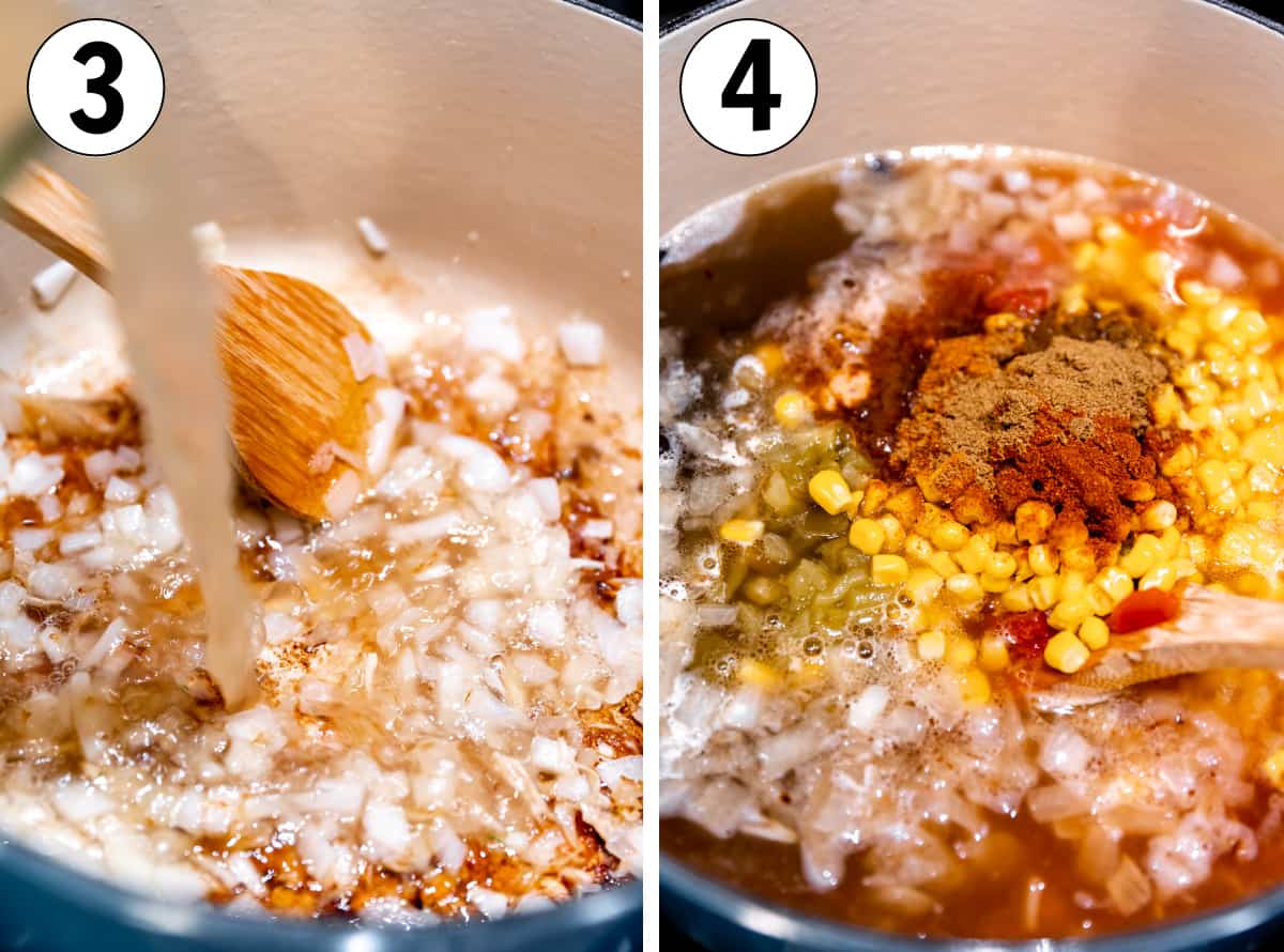 How to make chicken taco soup showing broth being added to a dutch oven, then corn, beans, diced tomatoes and all seasonings.