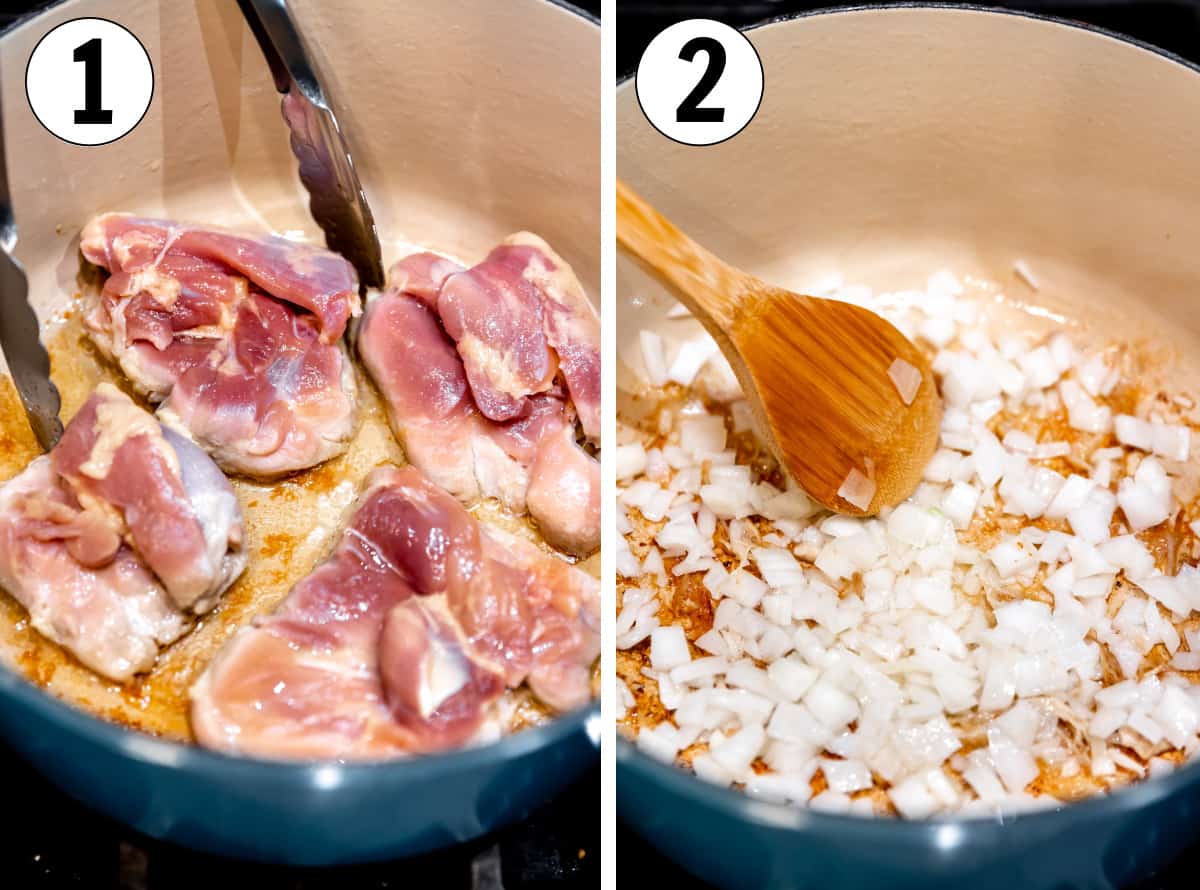 How to make chicken taco soup showing searing chicken thighs and sautéing onion.