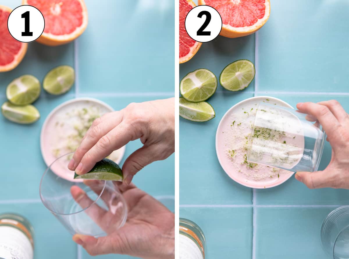 Running a lime on the rim of a glass and dipping into lime zest and sugar