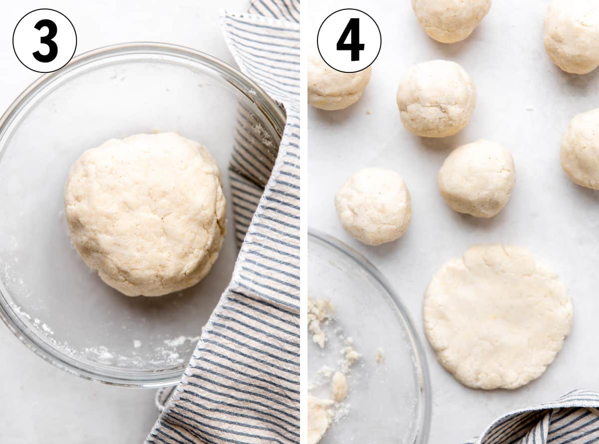 Masa dough resting in a bowl, then divided into smaller sections.