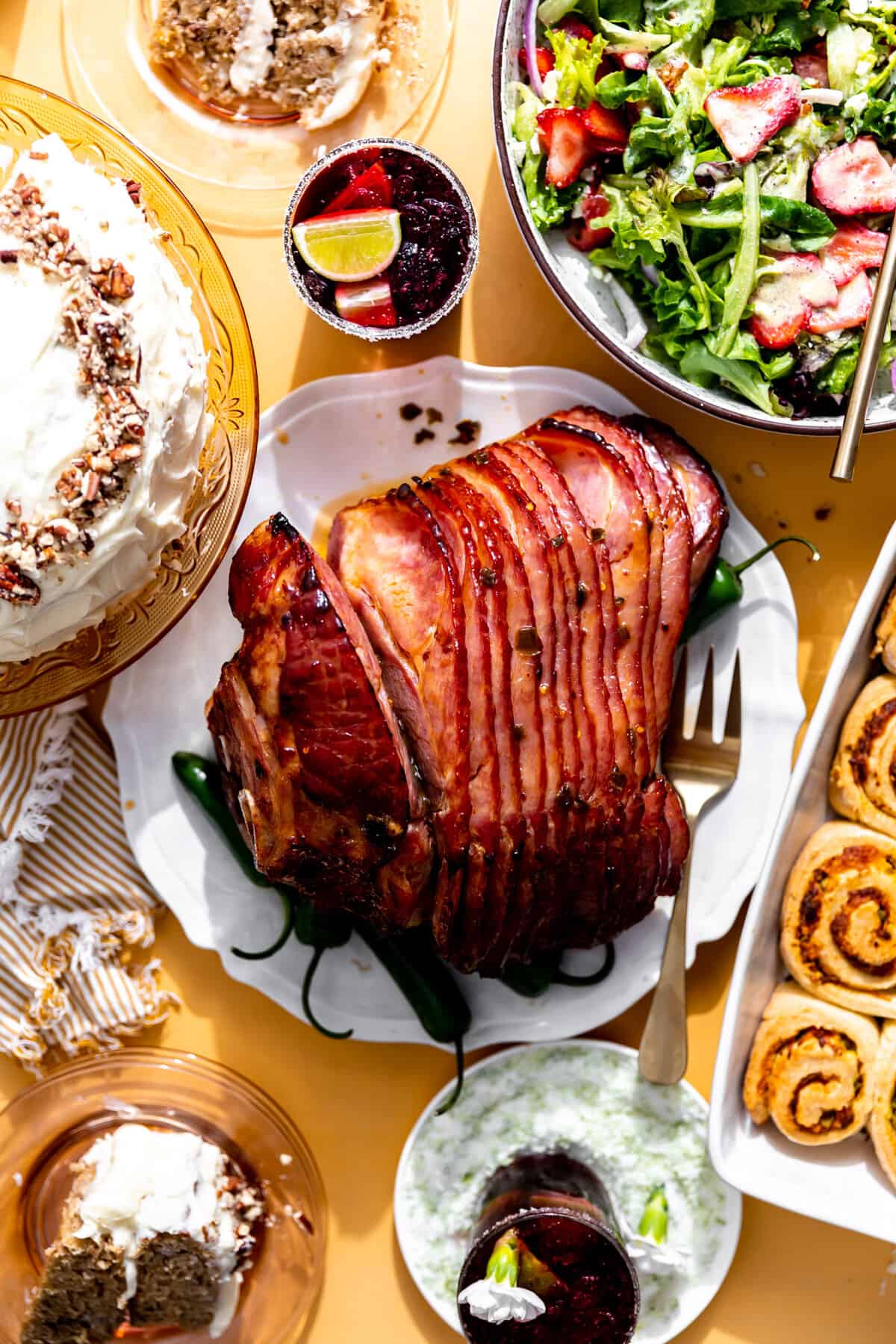 Easter table setting with a jalapeno honey glazed ham as the center piece. 