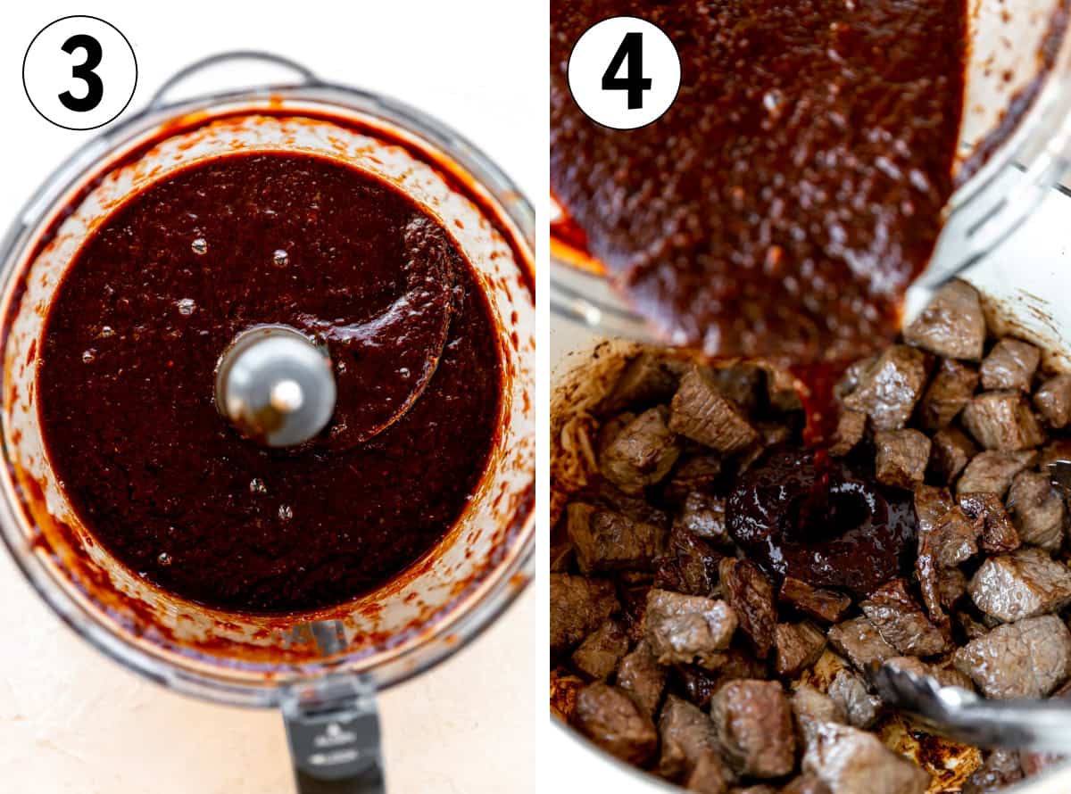 How to make chile colorado, blending chile mixture into sauce and pouring over the meat in a dutch oven.