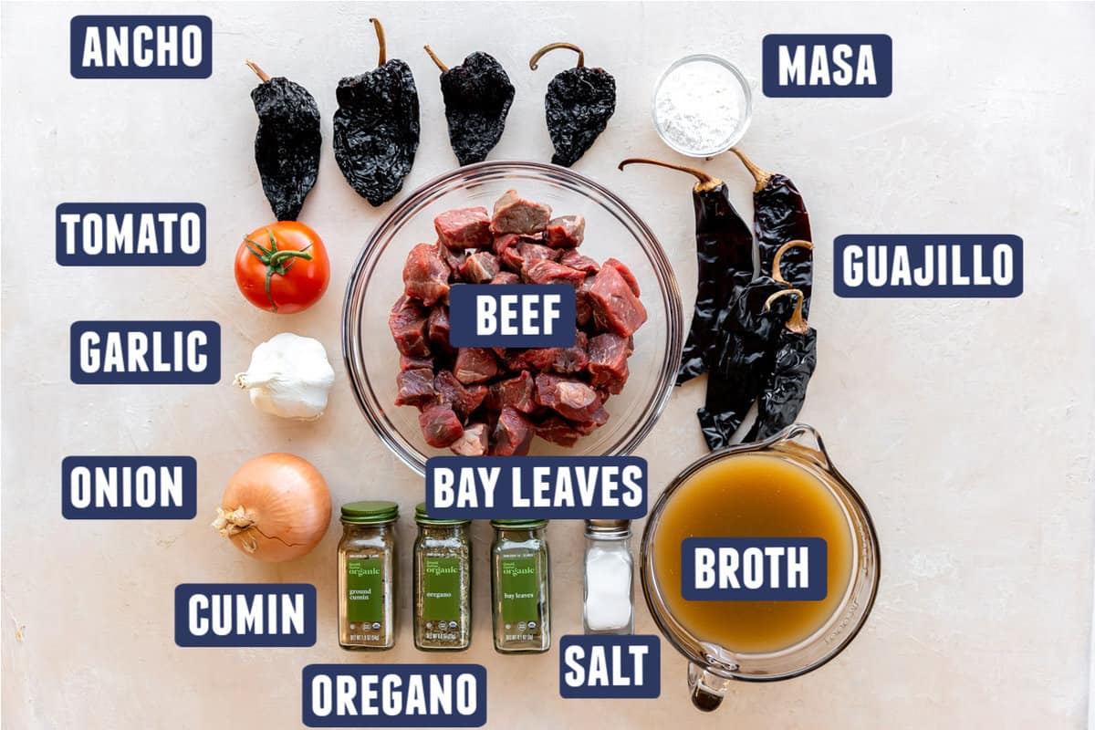 Ingredients needed to make Chile Colorado laid out on the counter. 