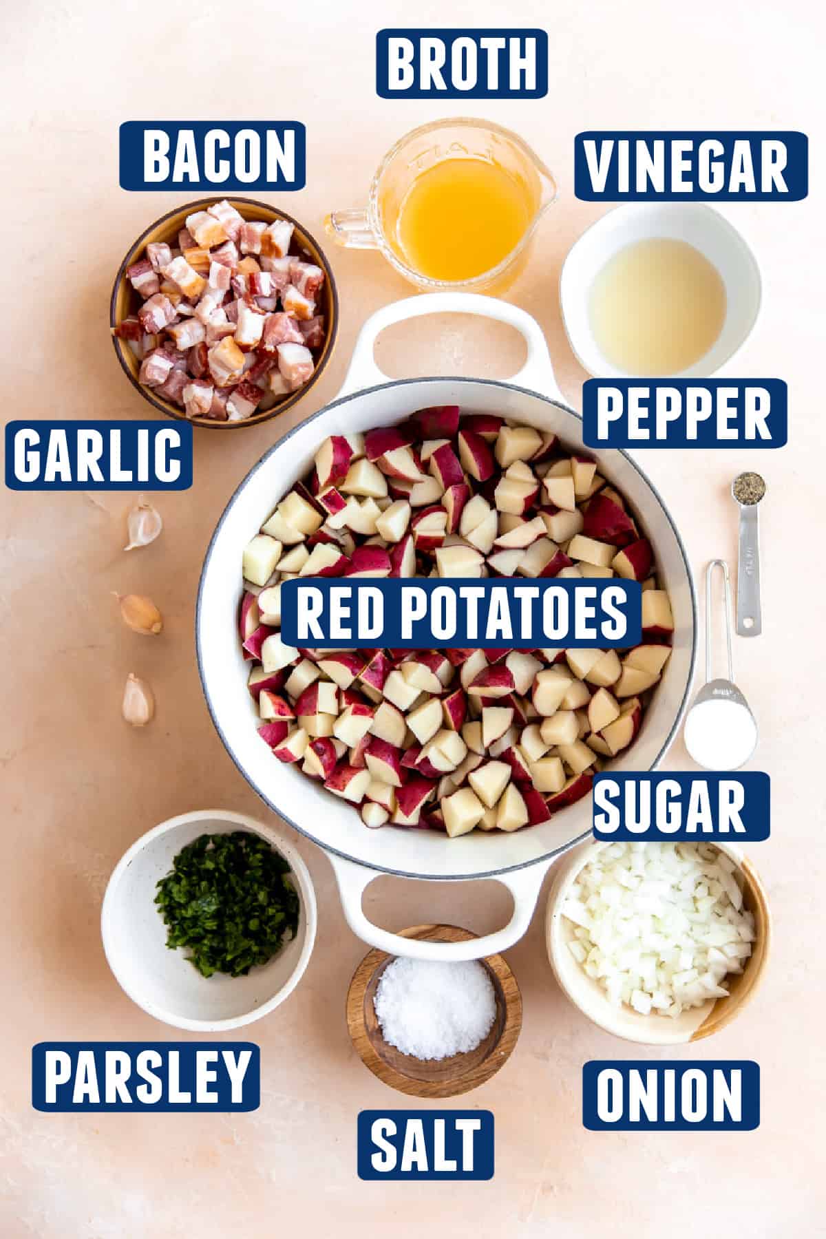 Ingredients needed for homemade german potato salad laid out on the counter. 