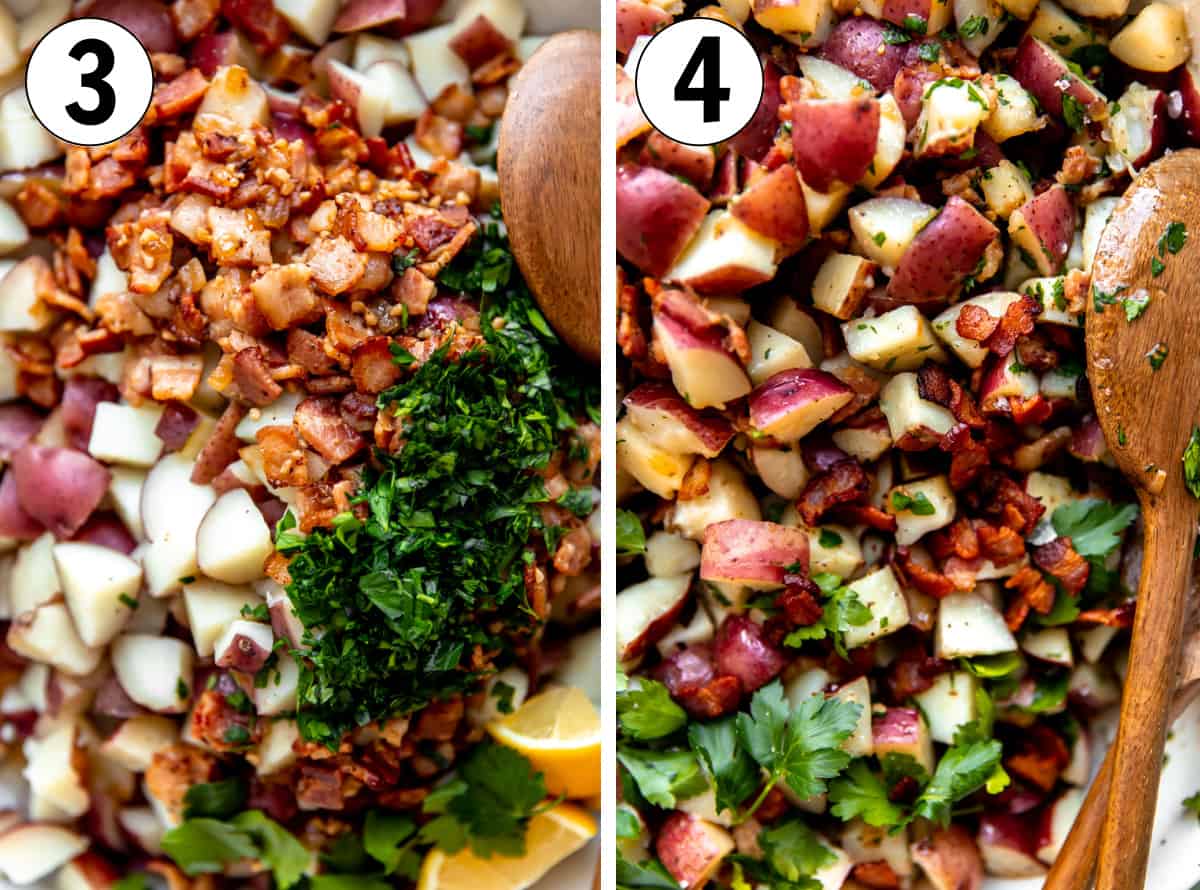 Ingredients for german potato salad being added to a bowl, then after stirring together.