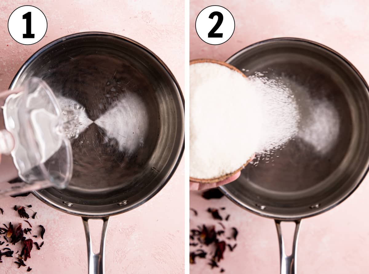 How to make Hibiscus simple syrup showing pouring water and then sugar into a saucepan.