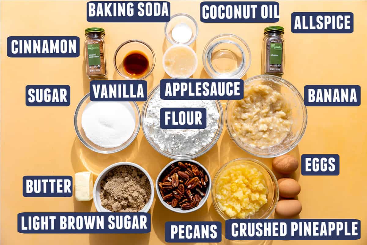 Ingredients needed to make hummingbird cake laid out on the counter. 