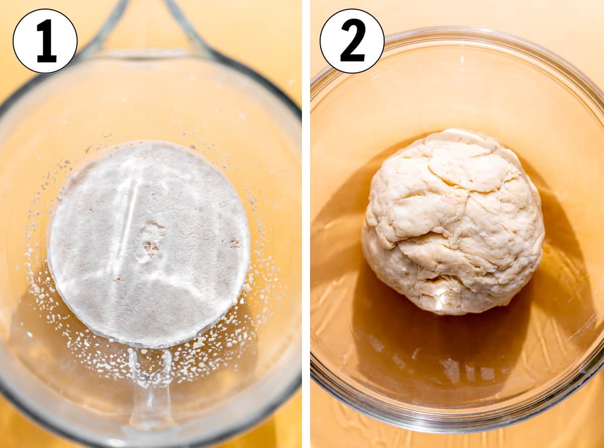 How to make cheese rolls, showing activated yeast in a glass mixing bowl and dough resting in a clean glass bowl. 