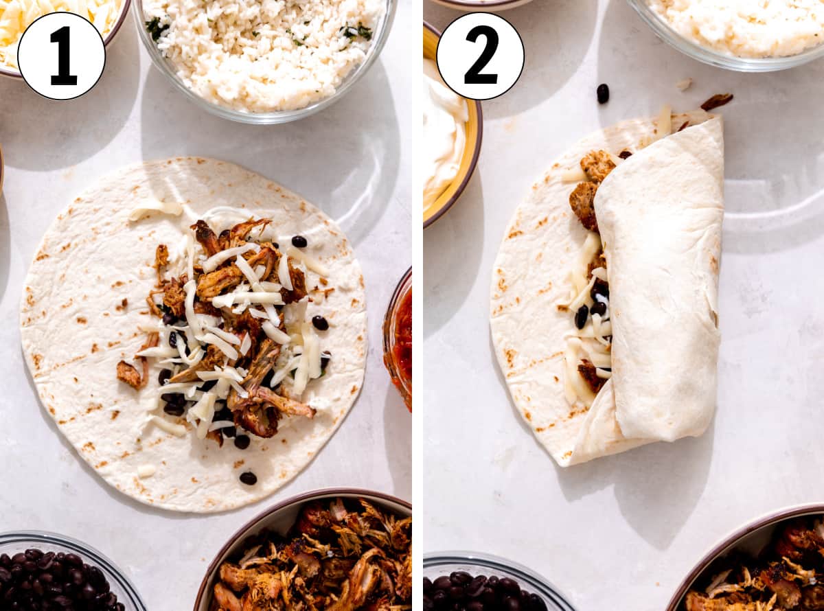 How to fold a tortilla to make a burrito with rice, beans and carnitas as filling.