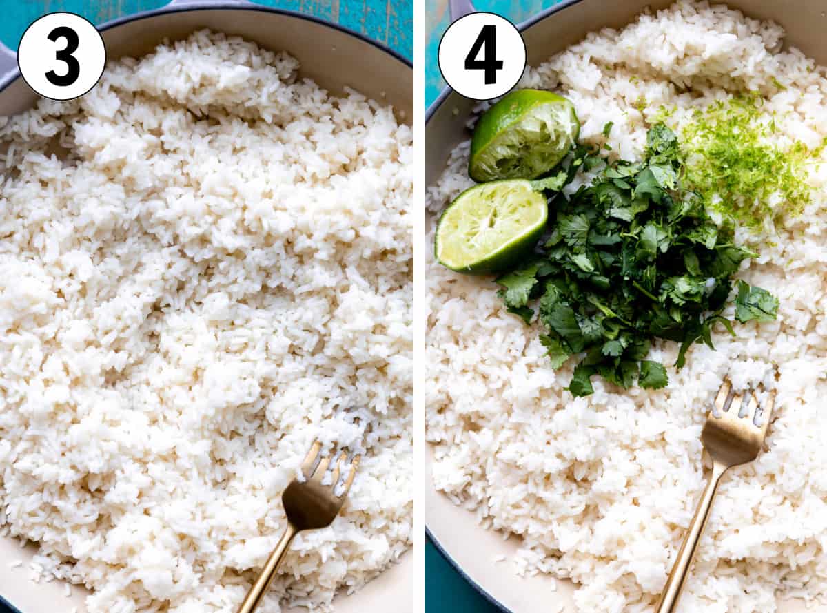 How to make white mexican rice with cilantro, showing white rice after cooking then cilantro, lime zest and lime juice being added.