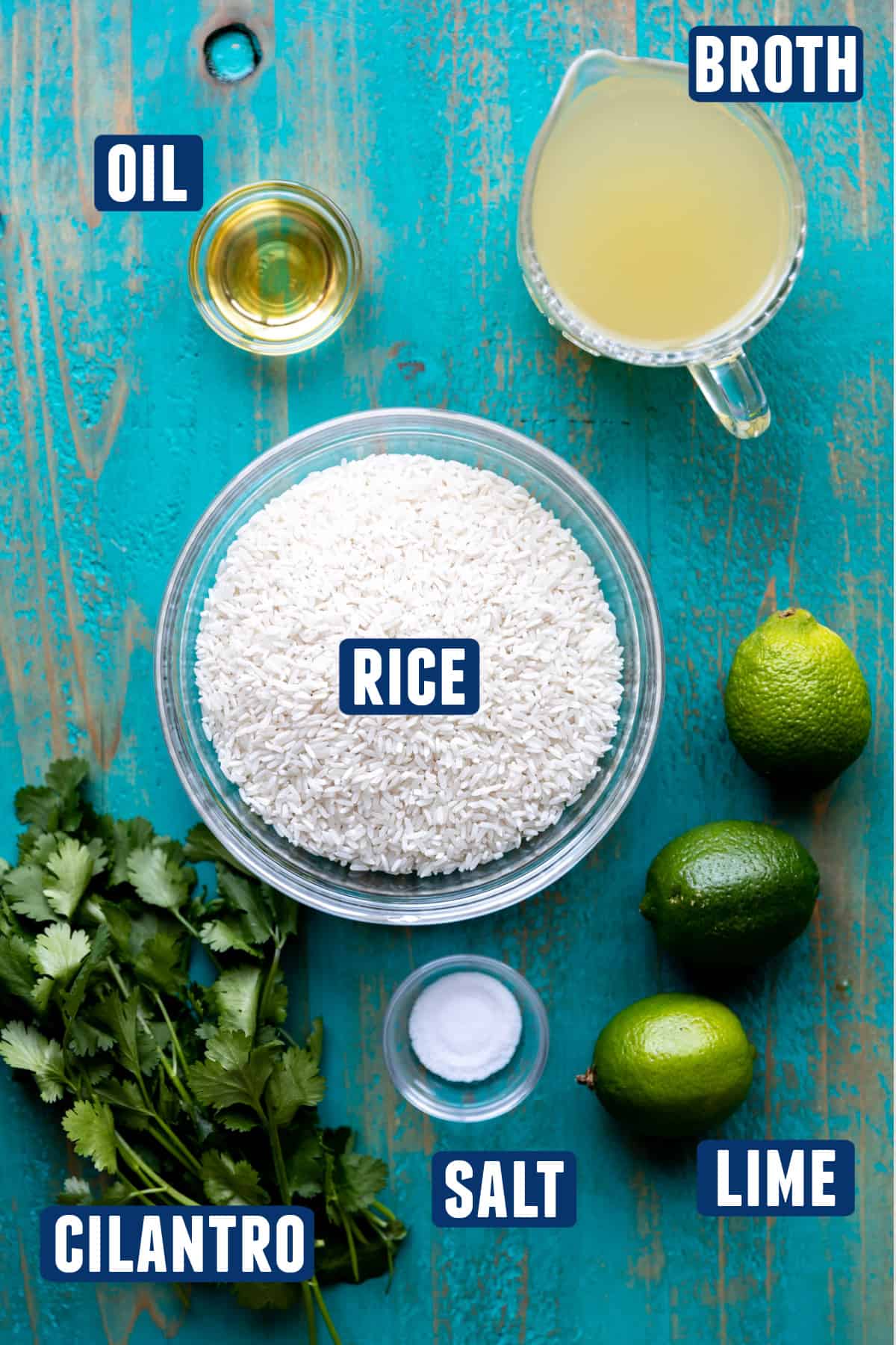 Ingredients needed to make cilantro lime rice laid out on the counter.