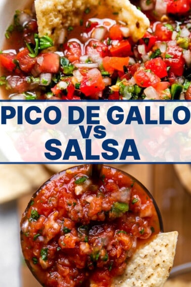 Pico de Gallo vs salsa with images of pico de Gallo on top and salsa on the bottom.