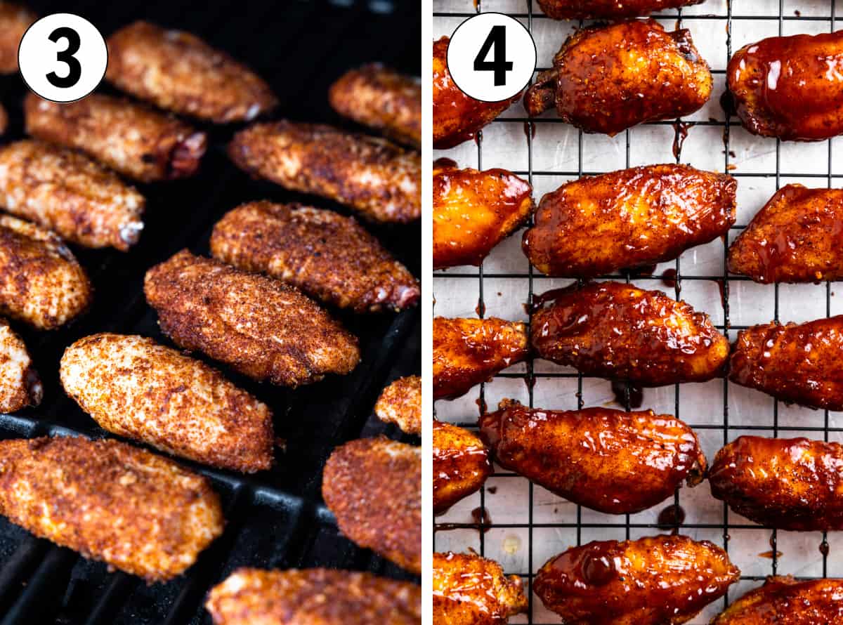Chicken wings with dry rub on grates of a smoker, then after smoking and laid on a wire rack on top of a baking sheet with bbq sauce on them.