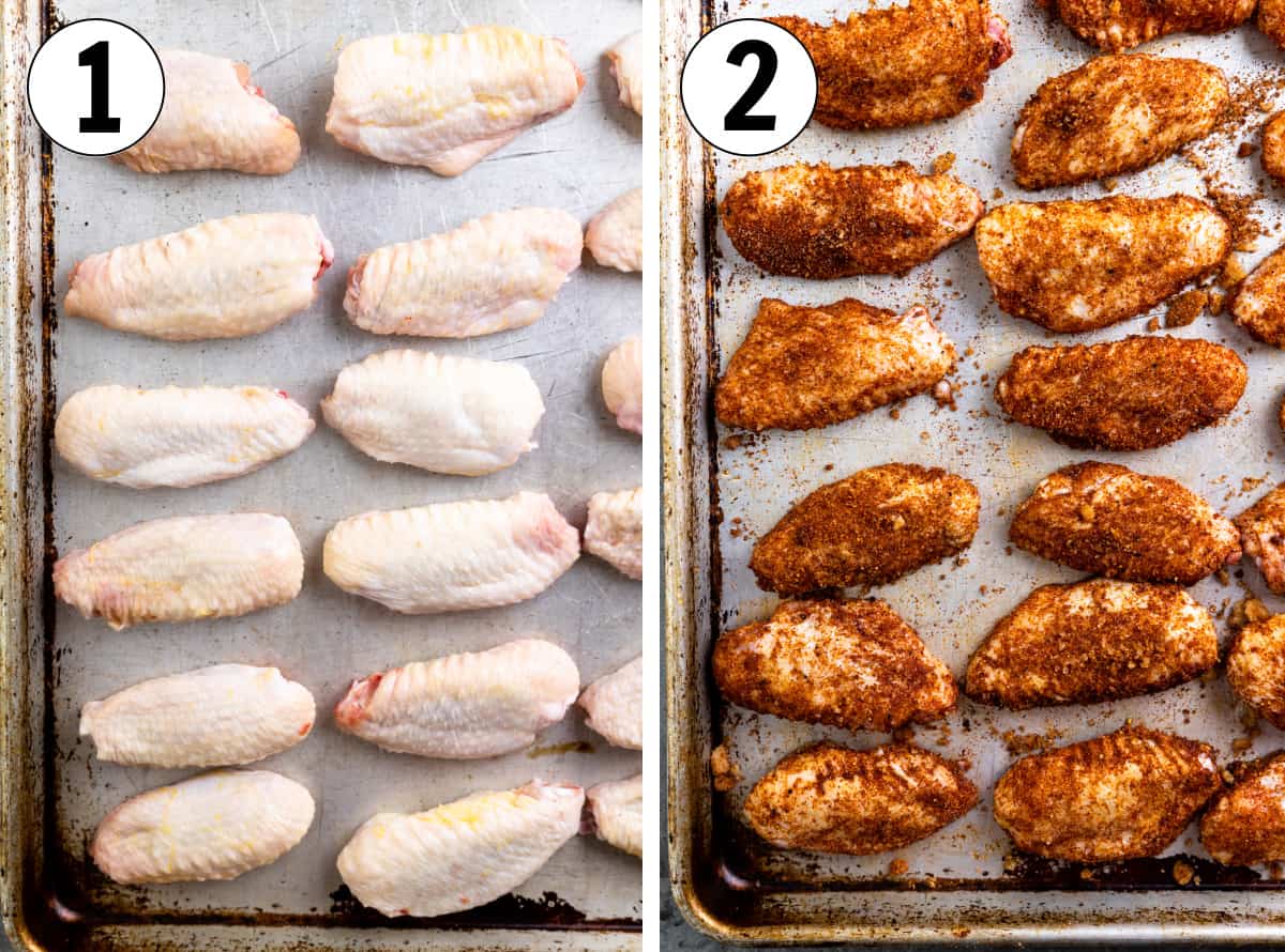 Chicken wings laid on a large baking sheet, then after being coated with oil and a dry rub.