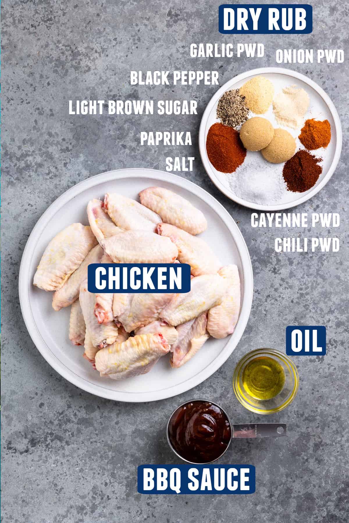 Ingredients needed to make smoked chicken wings laid out on the counter. 