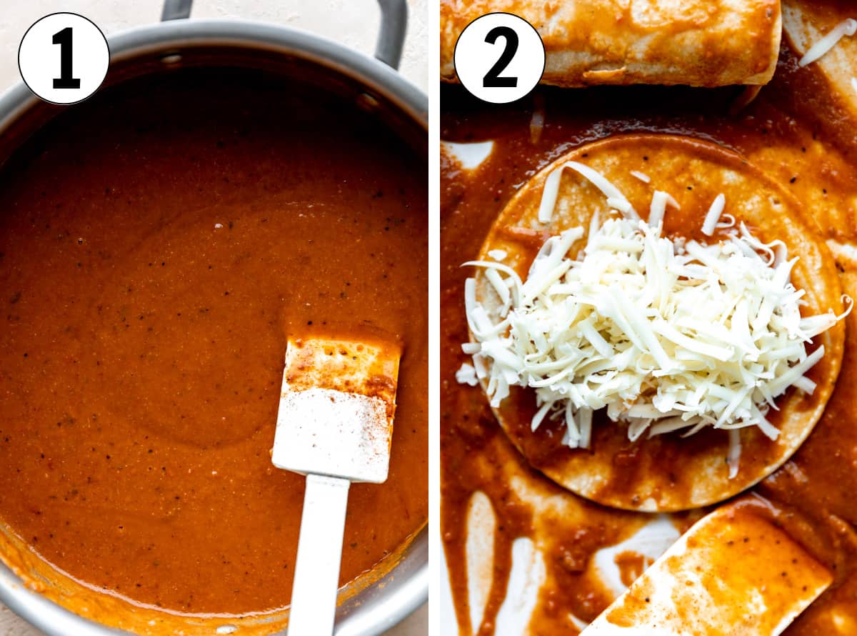 How to make Tex Mex cheese enchiladas showing making the Texas Chili gravy sauce and layering corn tortillas coated in sauce with cheese before rolling.