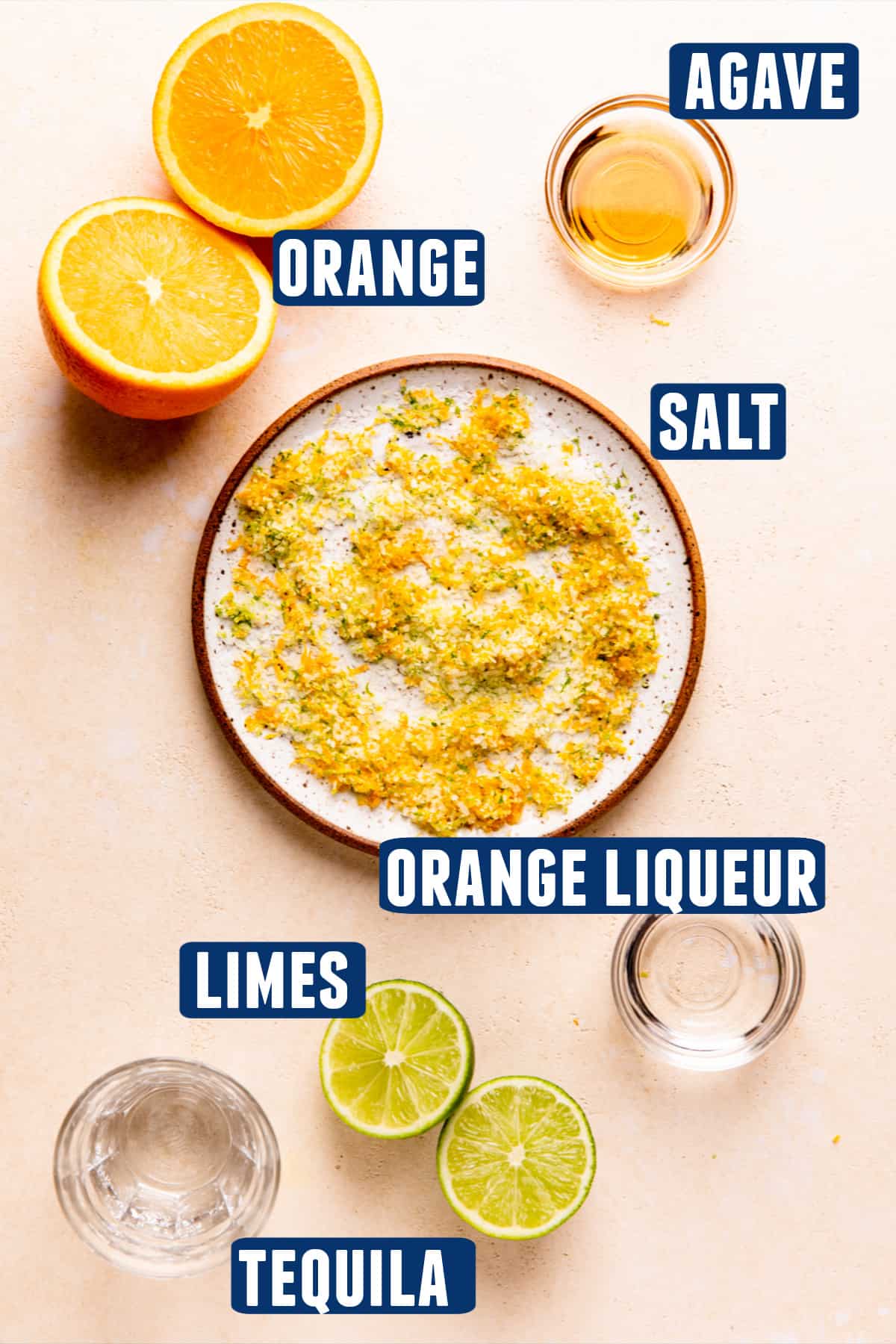 Ingredients needed to make a Texas Margarita laid out on the counter. 