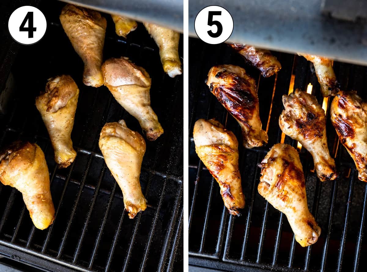 Two image collage, first image showing raw chicken drumsticks on a grill, second image is grilled chicken drumsticks with charred skin.