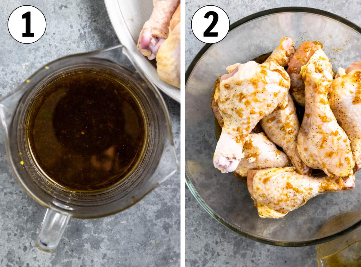 Two photos in a collage, first image a measuring cup of chicken marinade. Second image a bowl of chicken drumsticks with the marinade poured over the top.