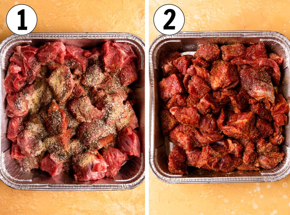 Aluminum tin filled with chopped chuck roast, before and after seasoning is added.