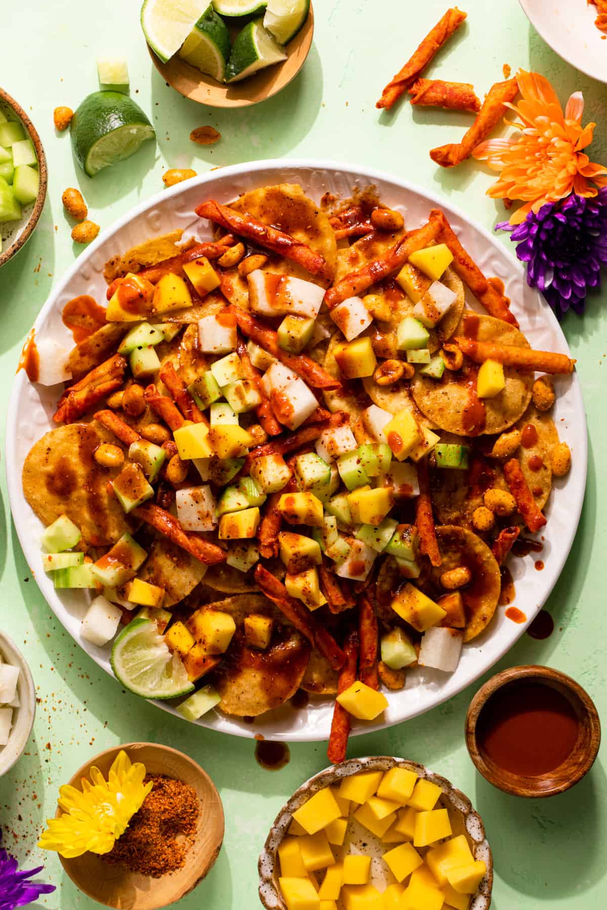 White plate with layered Tostilocos.