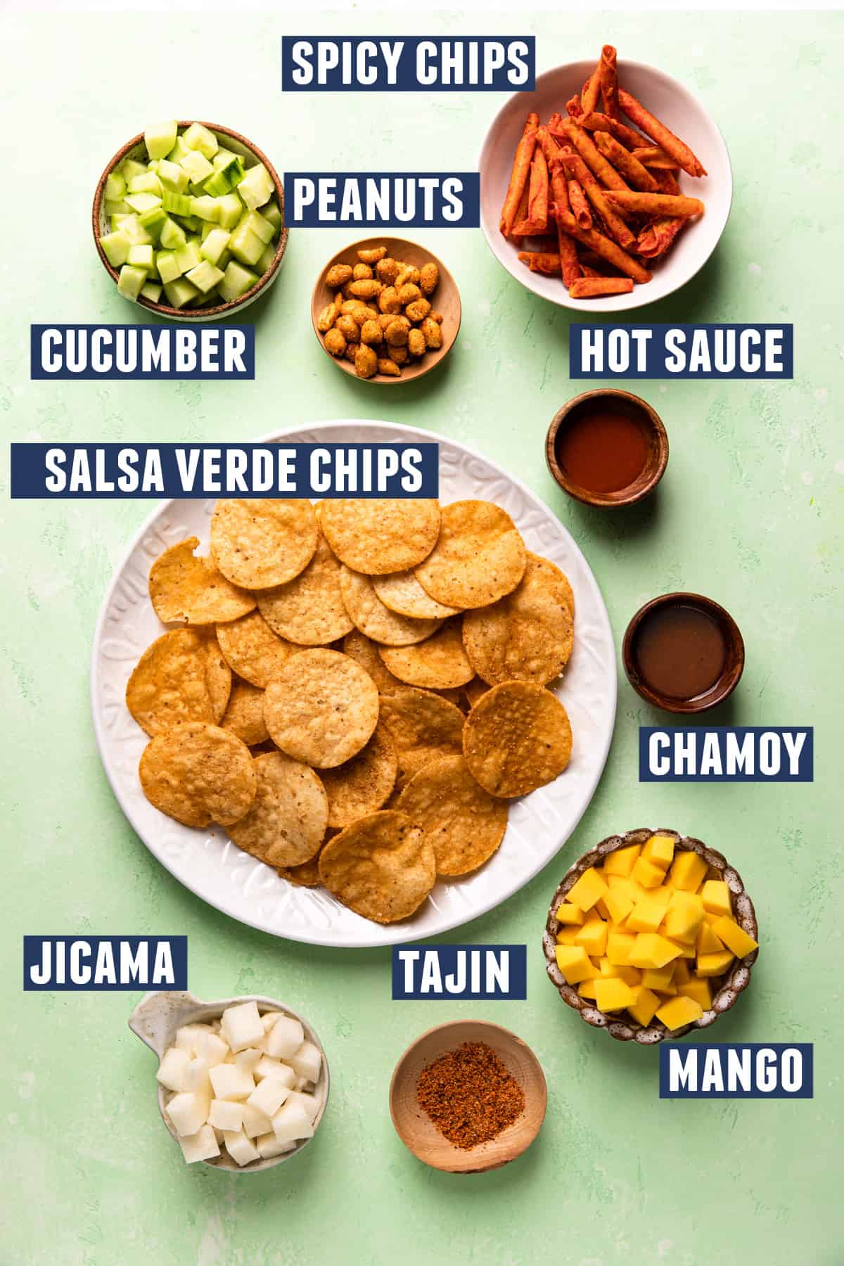 Ingredients needed to make Tostilocos laid out on the counter. 