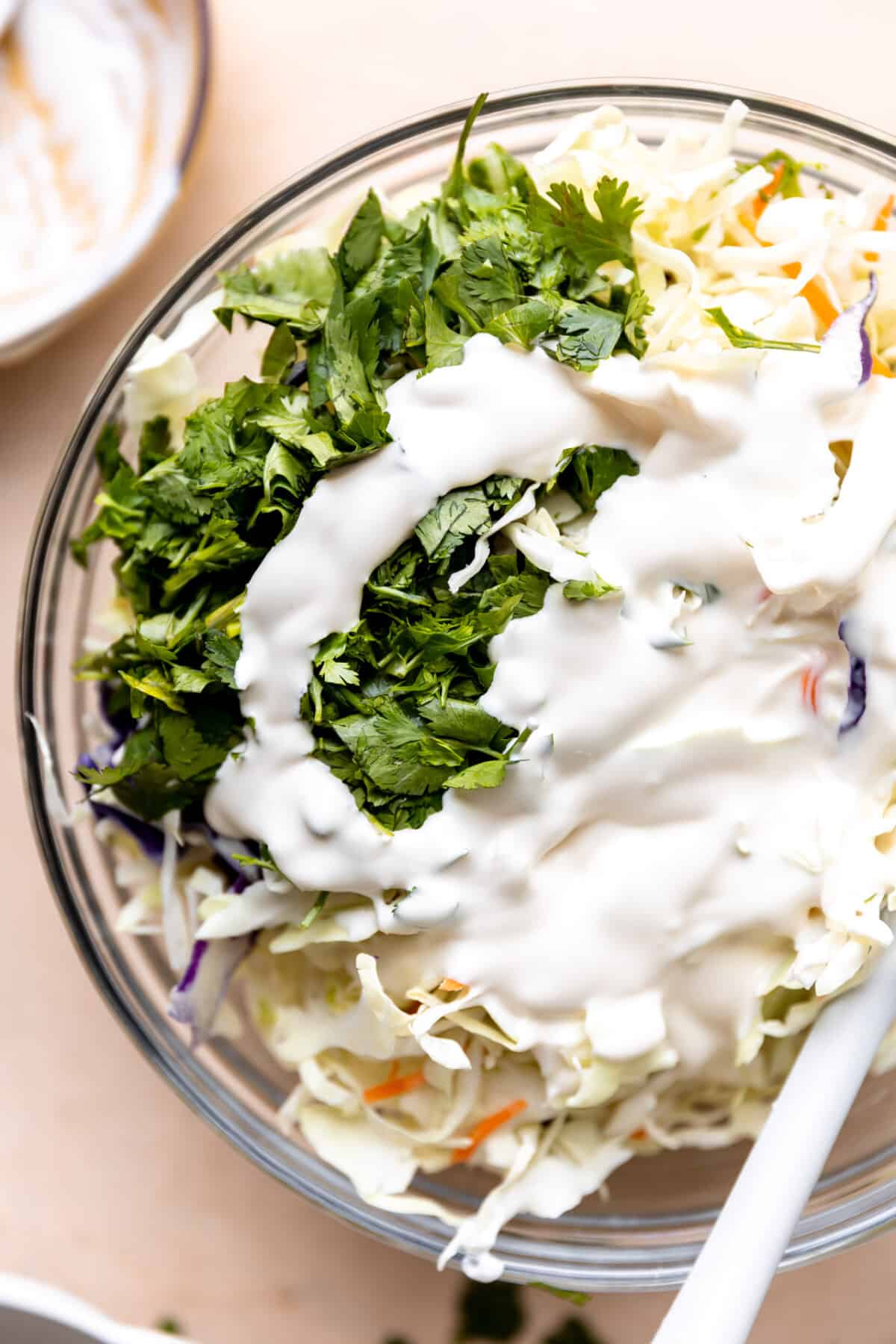 Cabbage slaw drizzled with a homemade coleslaw dressing.