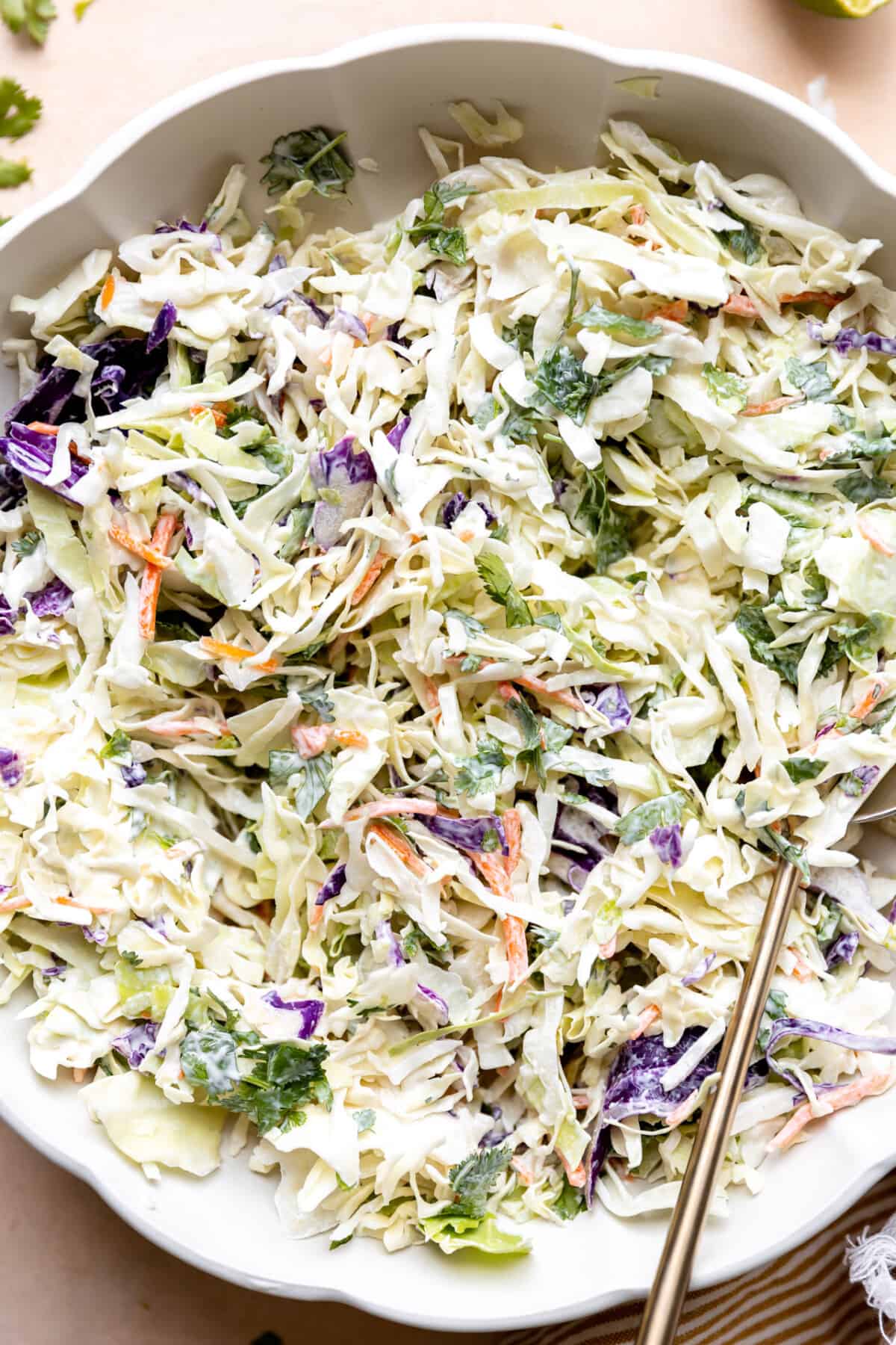 Up close image of mixed together, creamy fish taco slaw in a white bowl.