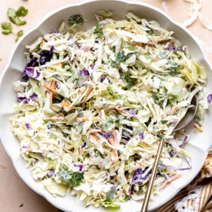 White bowl with creamy fish taco slaw made with red and green cabbage.