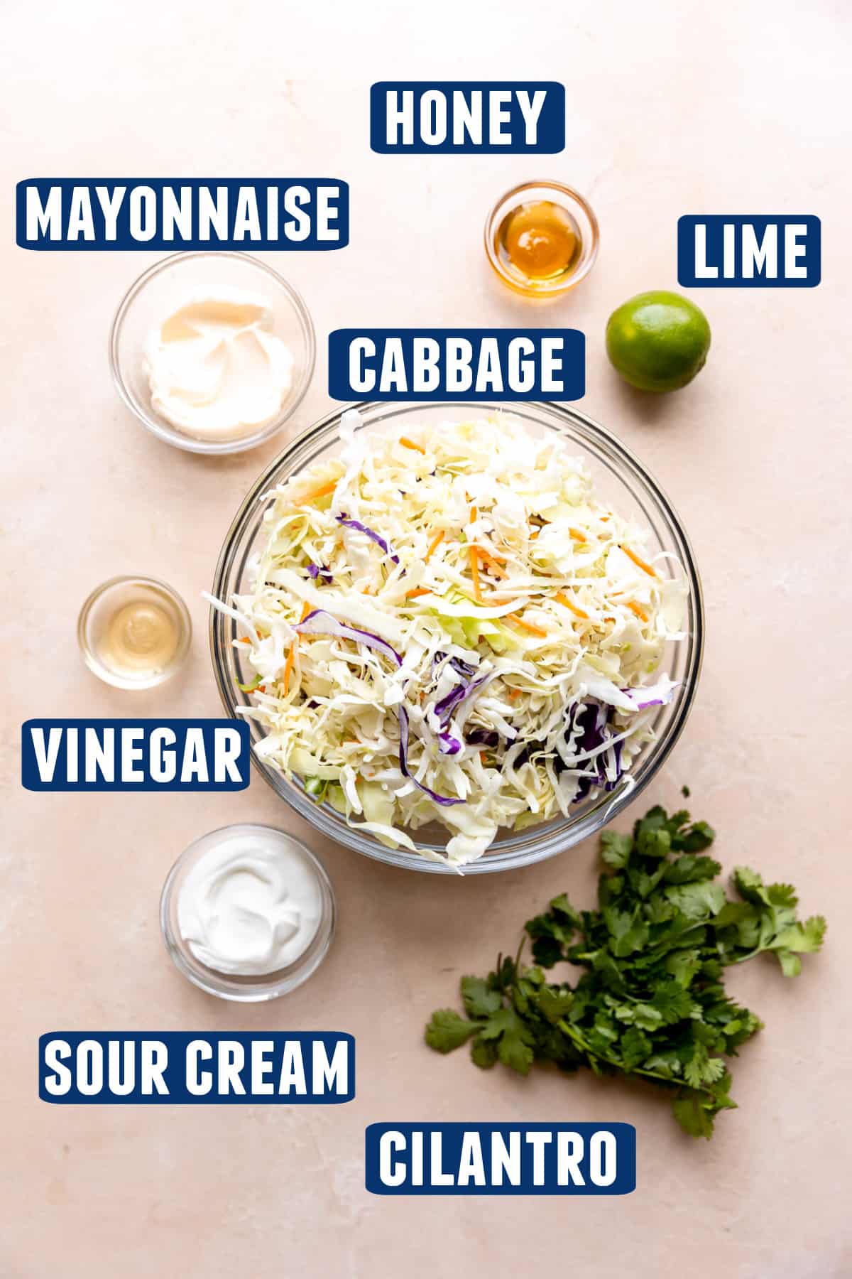 Ingredients needed to make a fish taco slaw laid out on the counter. 