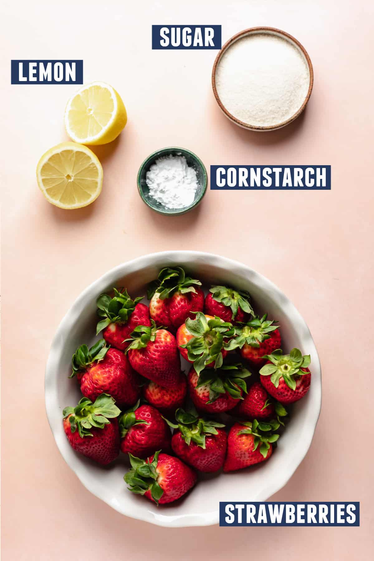 Ingredients needed to make strawberry cobbler filling. 