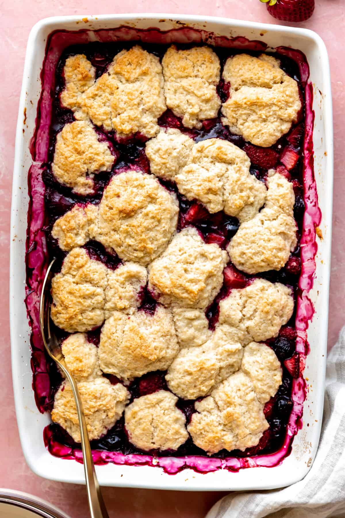 Baked mixed berry cobbler with a biscuit like topping.