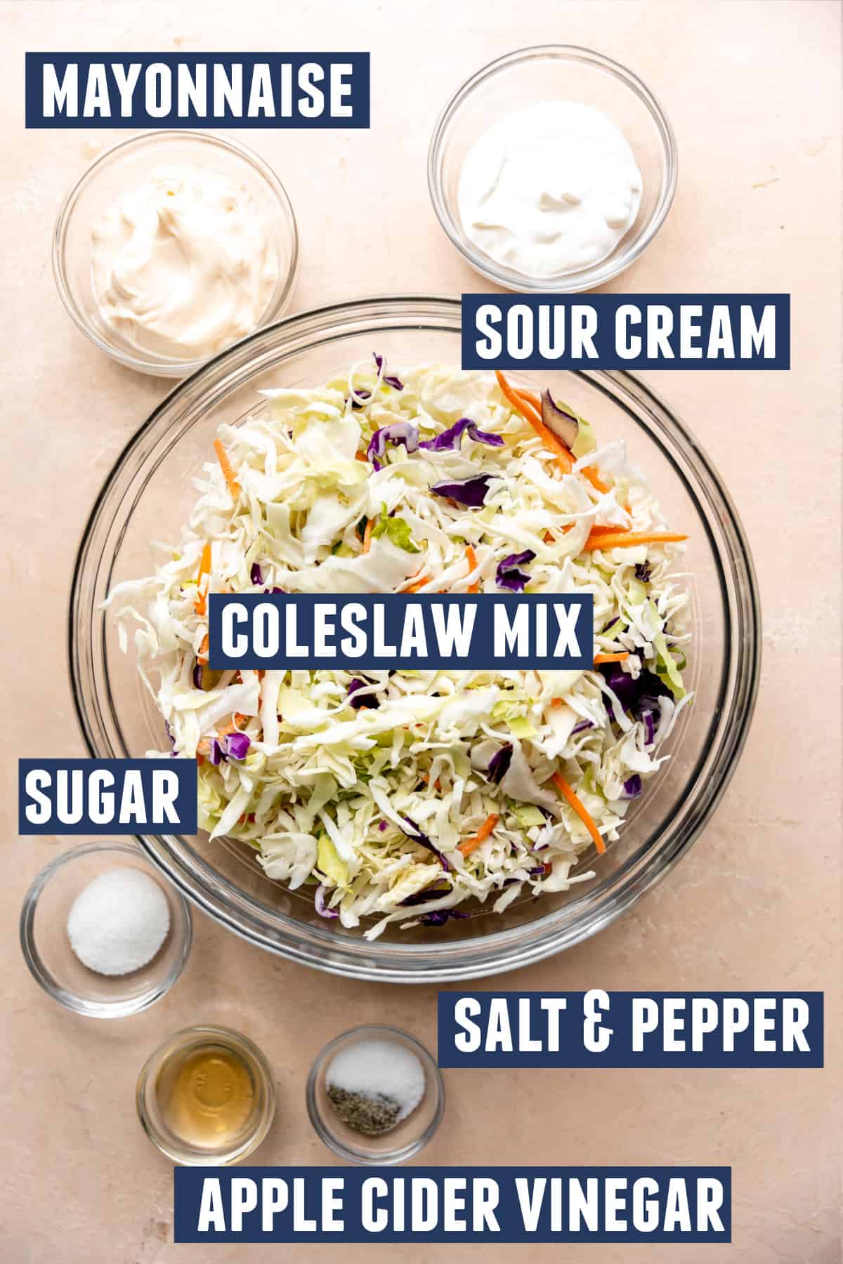 Ingredients needed for coleslaw for pork sandwiches on the counter.