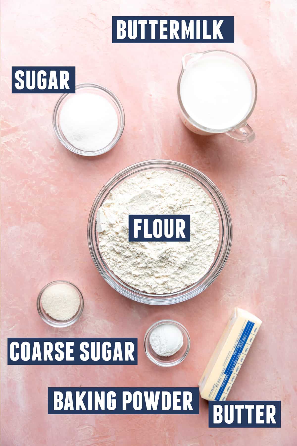 Ingredients needed to make sweet buttermilk biscuits for shortcake.