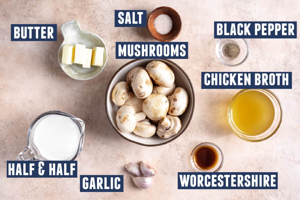 Ingredients needed to make a homemade cream of mushroom soup laid out on the counter. 