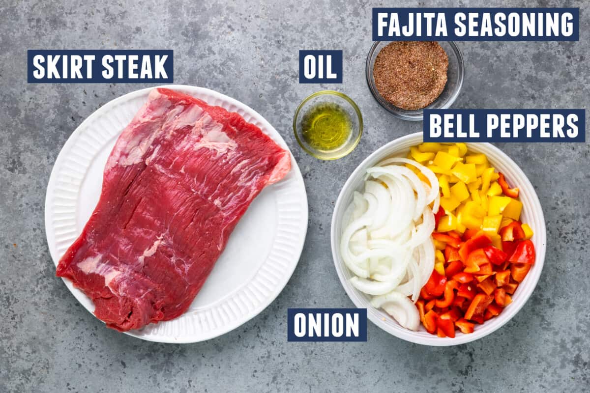 Ingredients needed to make steak fajitas for a quesadilla. 