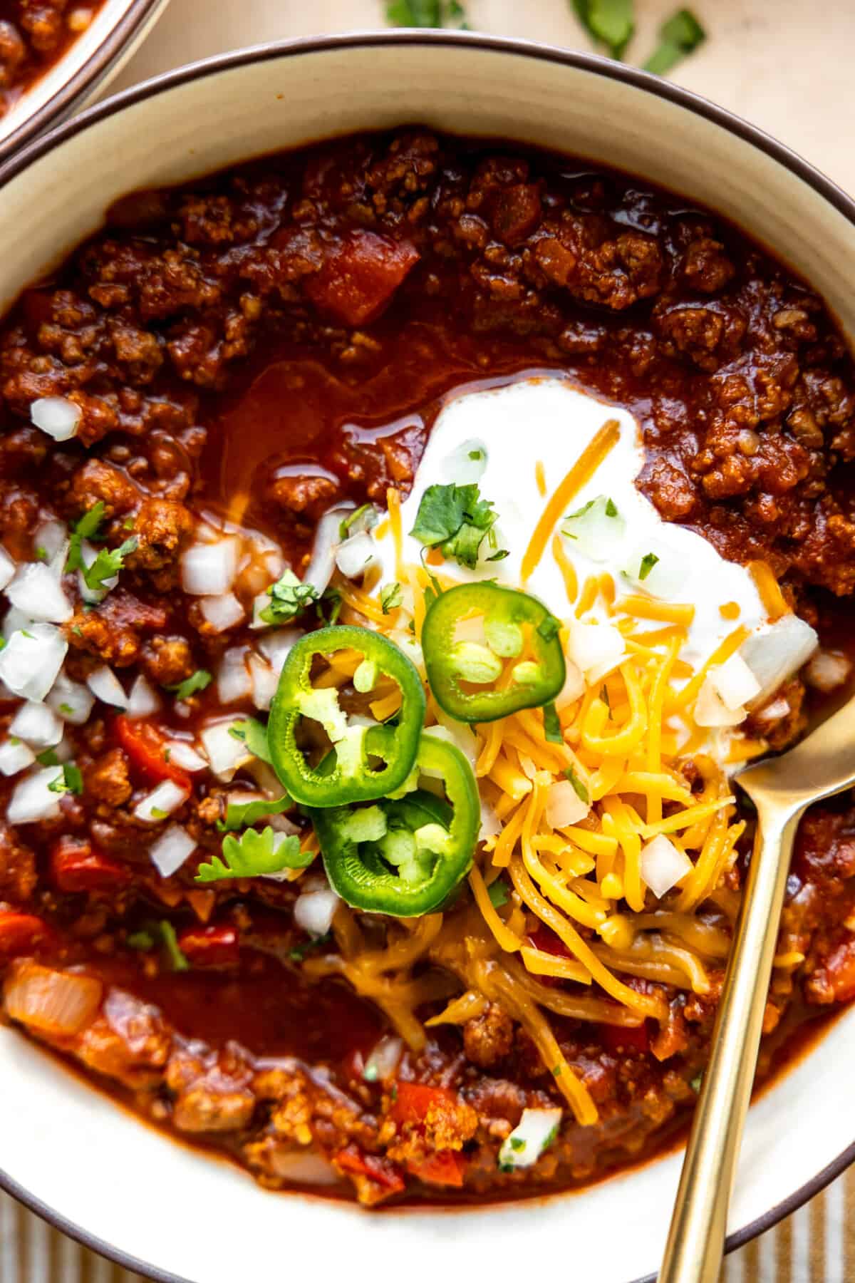 Bowl filled with easy to make Texas Chili made with ground beef and no beans.