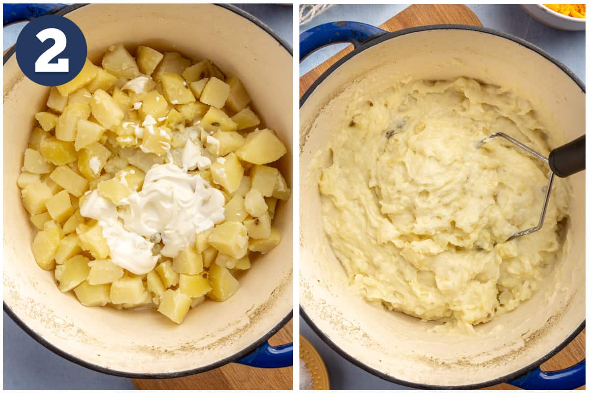 Milk and cream added to boiled potatoes, then being mashed. 