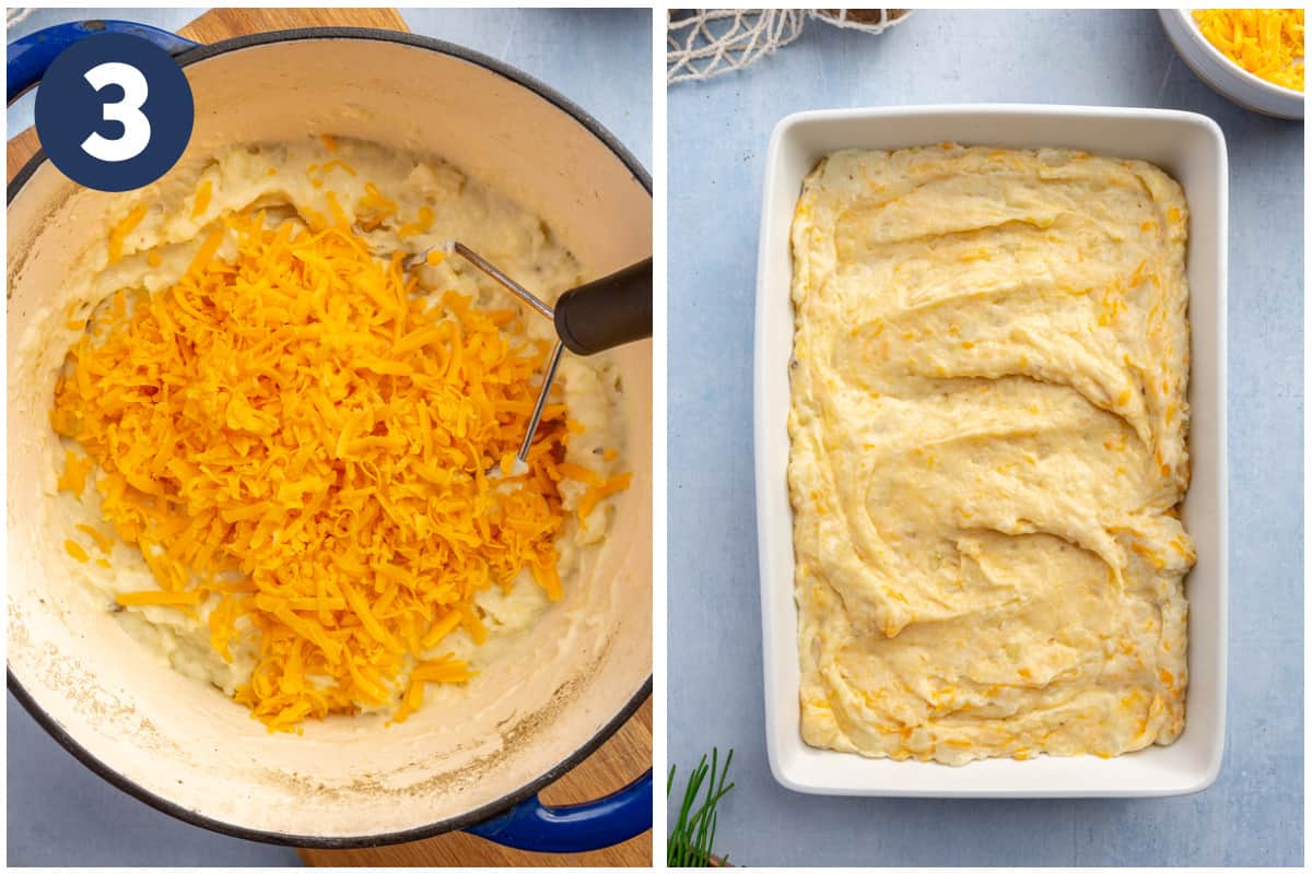 Cheese being added to mashed potatoes, then spread into a rectangle baking dish. 
