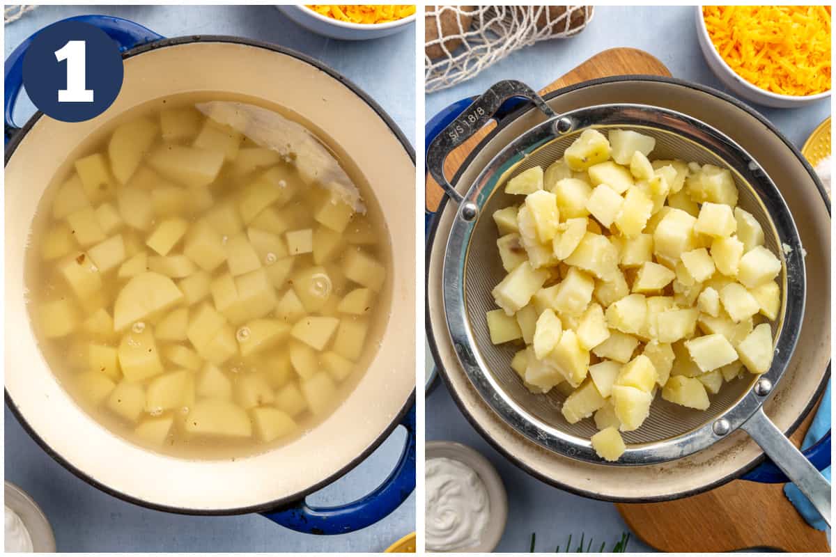 Collage showing peeled and chopped potatoes in a pot with water, then being strained. 