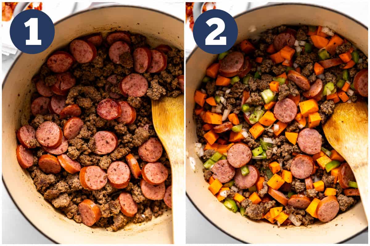 Ground beef and sausage being cooked in a dutch oven, then vegetables being added to make stew.
