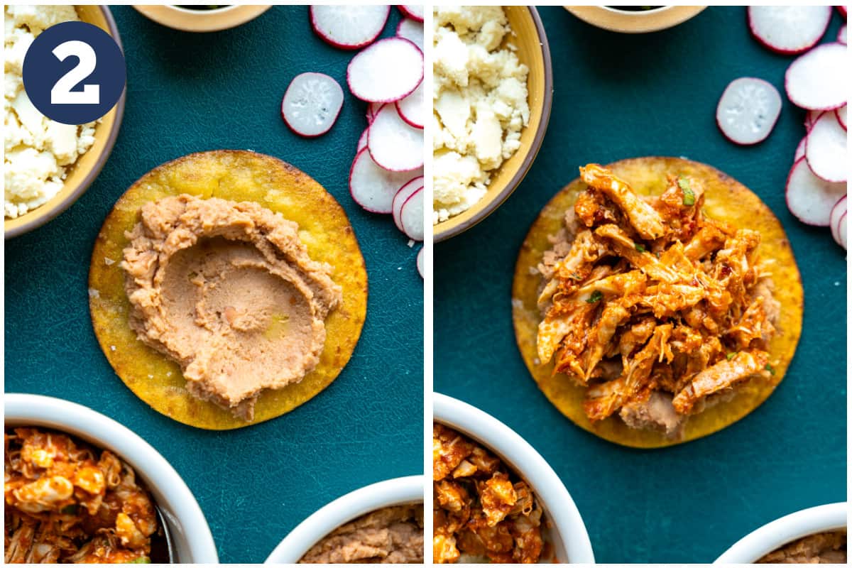 Collage showing how to top a tostada with refried beans and then shredded chicken on top. 