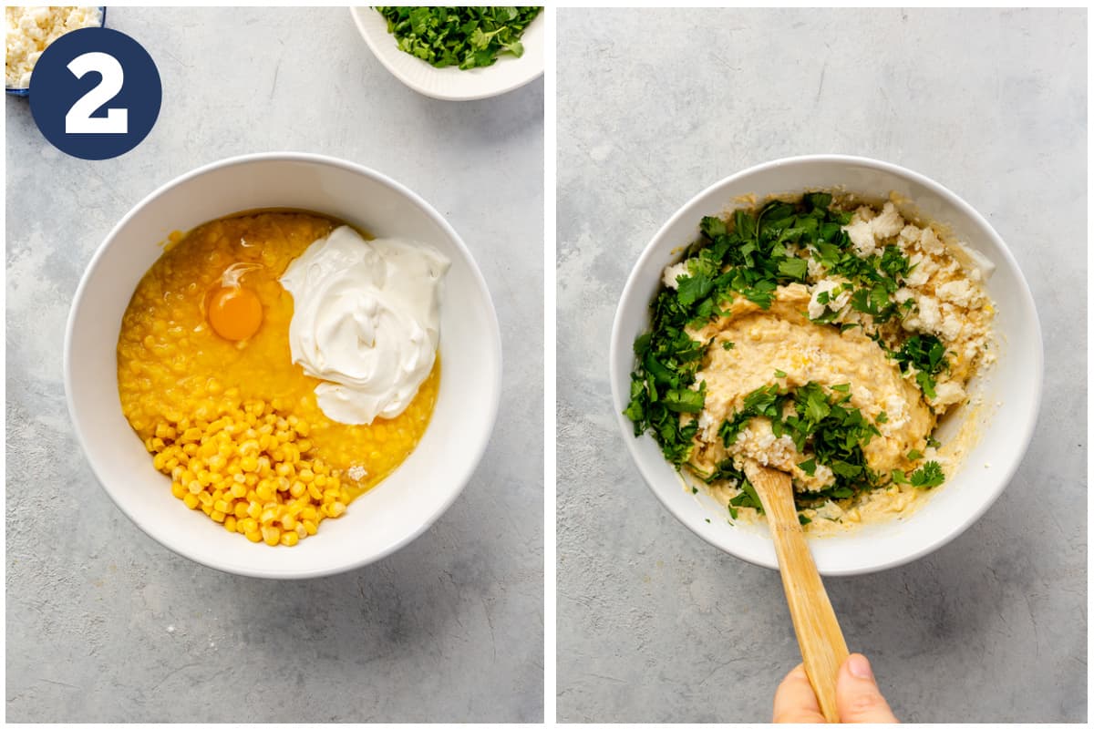 A white bowl with dry ingredients, corn, egg, and sour cream. Then being mixed with diced cilantro added.