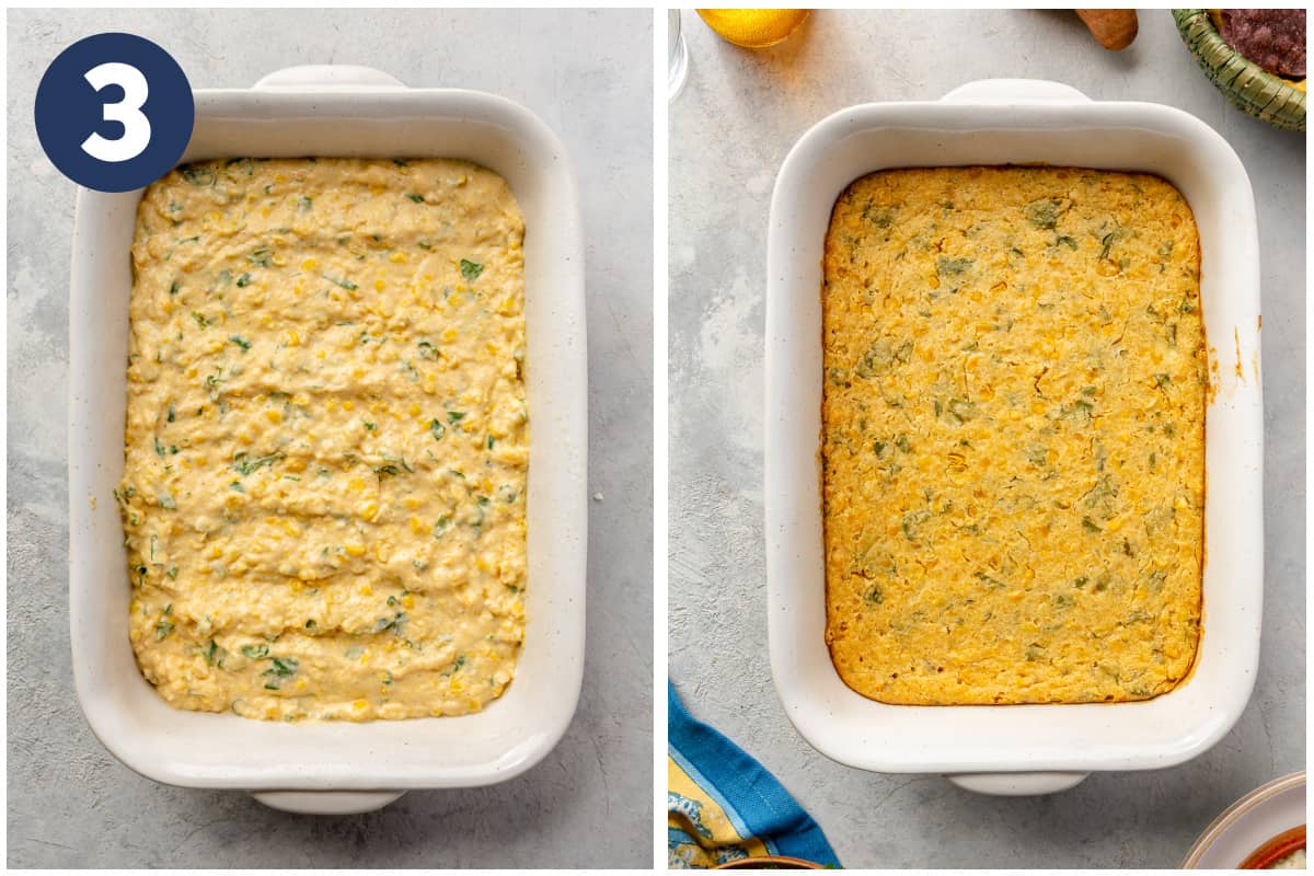 White baking dish with corn casserole batter before and after baking.