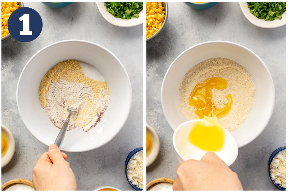 Collage showing a bowl with flour, cornmeal and baking powder, then melted butter being added. 