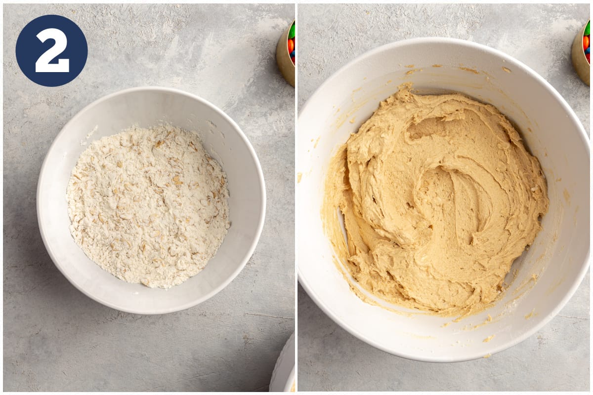 Collage showing dry ingredients of flour, baking powder and oats being combined then mixed into wet ingredients to form a dough. 