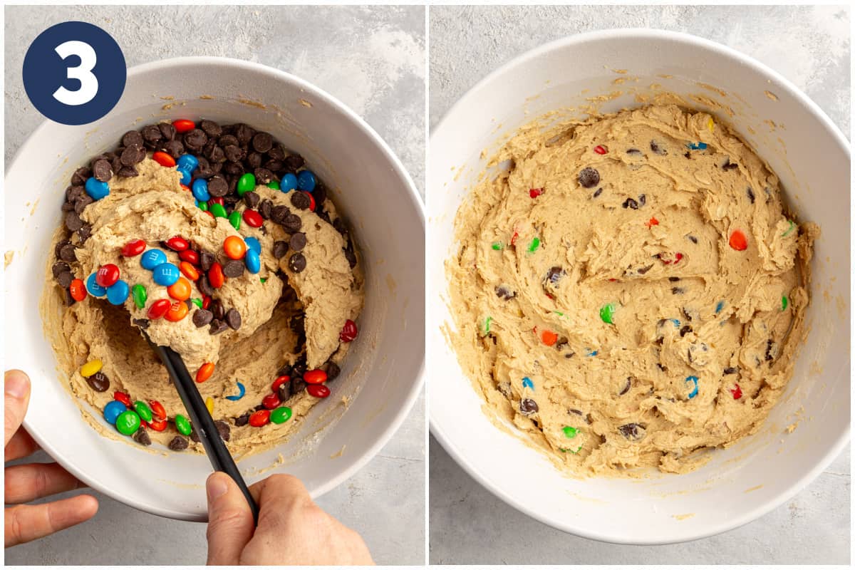 Collage showing adding m&ms and chocolate chips to cookie bar dough, then after mixing. 
